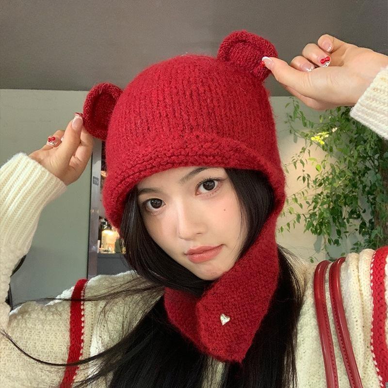Nuovo cappello lavorato a maglia in lana con orsetto, autunno e inverno, cappello caldo a pullover, protezione per le orecchie fredde all'aperto per bambini, cappello Lei Feng