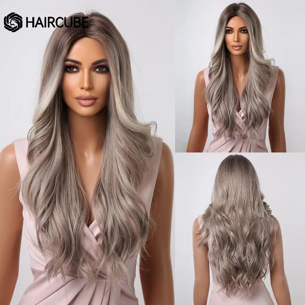 

HAIRCUBE Длинный волнистый коричневый синтетический парик с эффектом омбре парик с естественной волной и челкой для чернокожих женщин термостойкий парик для повседневного использования для косплея