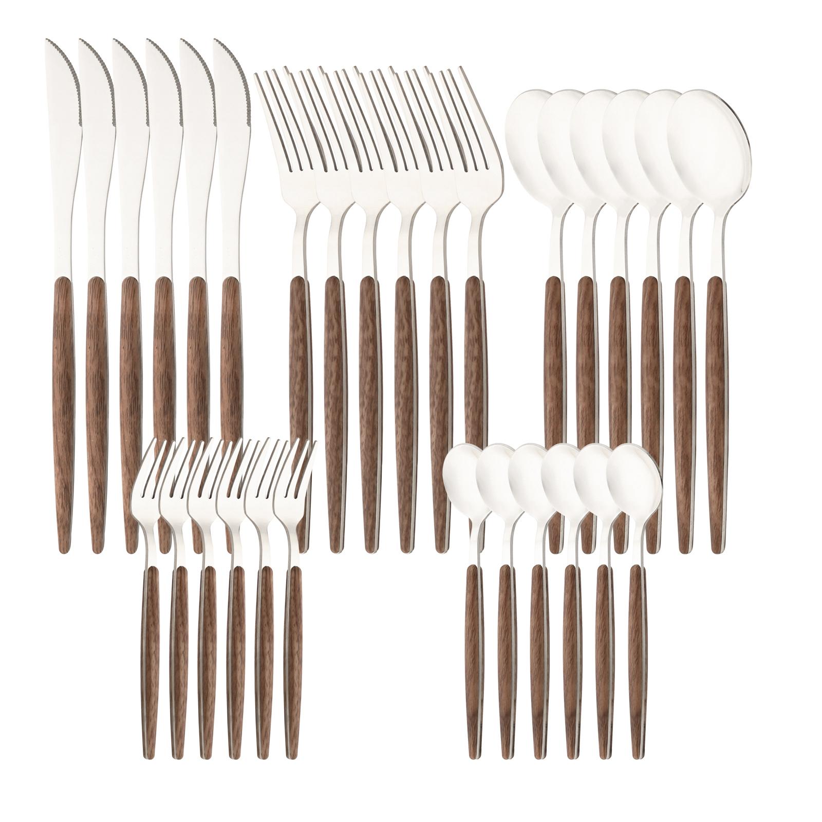 

30 шт., набор столовых приборов с деревянной ручкой, столовая посуда, повседневное использование, столовое серебро для ресторана, вечеринки, свадебная посуда, 6 ножей, вилка, ложка серебряный