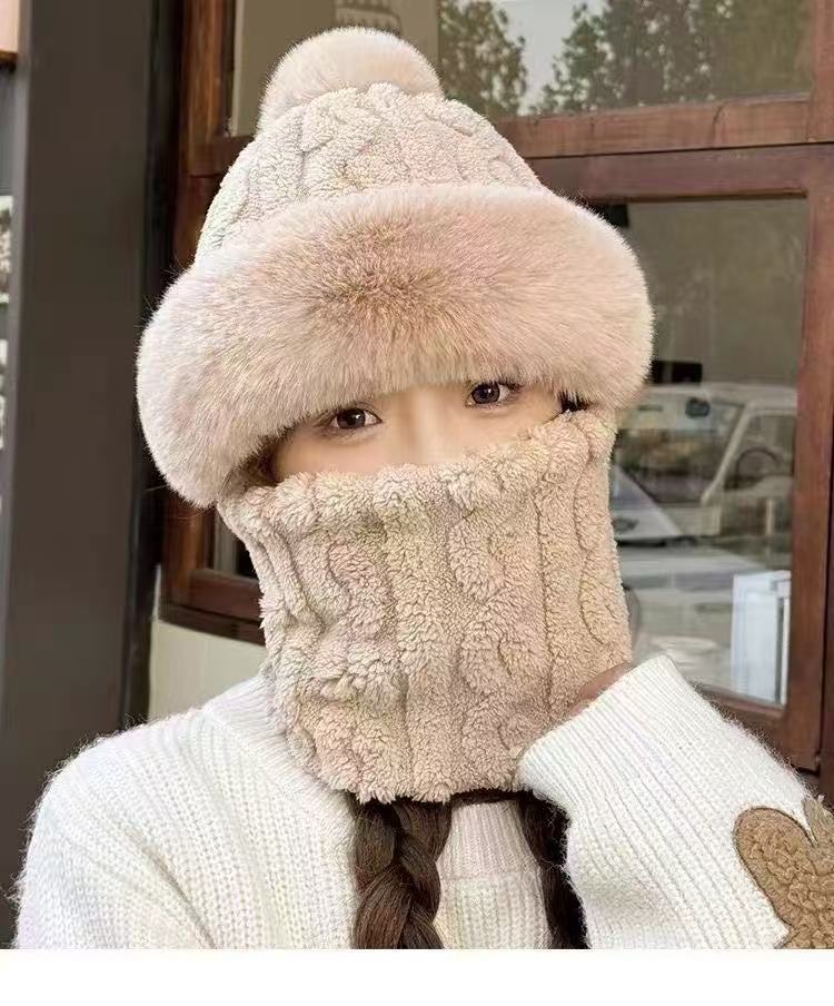 Winter Hat Scarf Integrated Women's New Style with Thick Velvet and Warm Cover for Cycling Windproof and Ear Protection Woolen Hat for Women