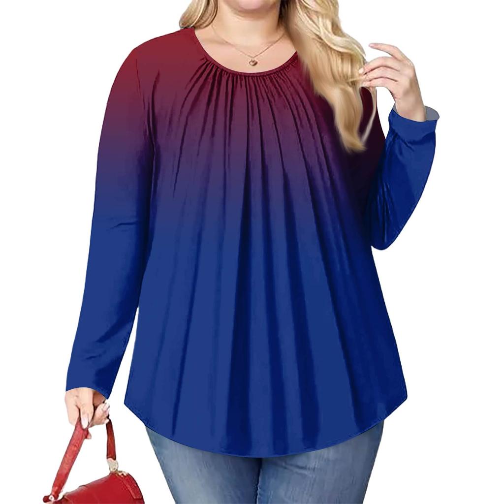 Women's Plus Size Fashion Printed Casual Pleated Round Neck Long Sleeve Top