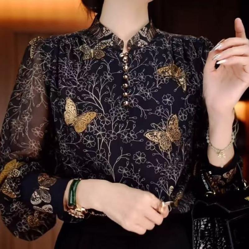 Fashionable Butterfly Print Stand-collar Shirt for Women In Autumn New Loose Women's Long-sleeved Pullover Bottoming Shirt