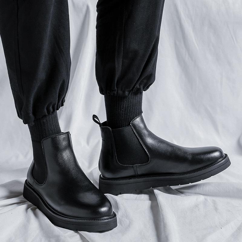 men casual chelsea boots black trendy genuine leather shoes business office dress cowboy platform boot youth ankle botas zapatos