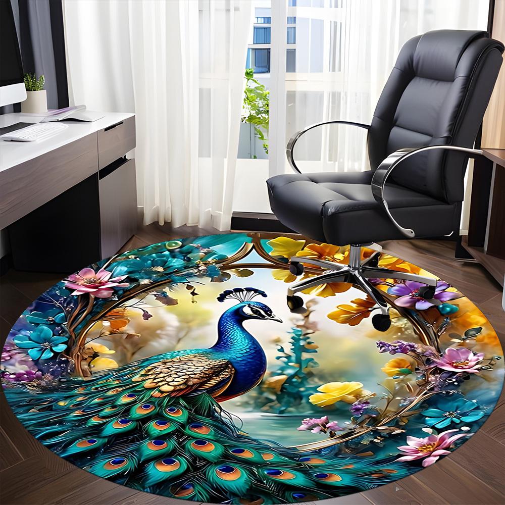 1pc Peacock Feather Print Chair Carpet for Office Non-Slip, Machine Washable Rug for Office, Sleeping, Room - Holiday Decor