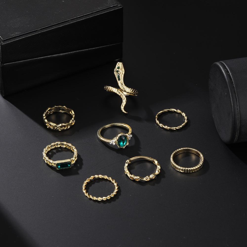 8PCSSet Of Fashionable And Retro Imitation Gemstone Snake-Shaped Twisted Rings For Women, Retro Wave Geometric Inlaid Rhinestone