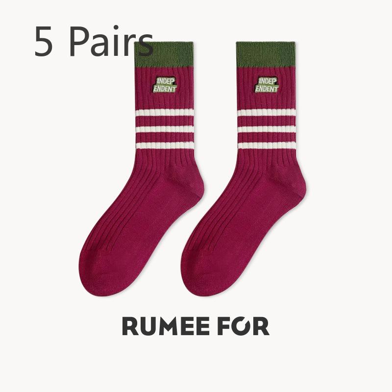 5 Pairs of Female Spring and Summer Personality Match Color Trend In The Tube Stack Socks