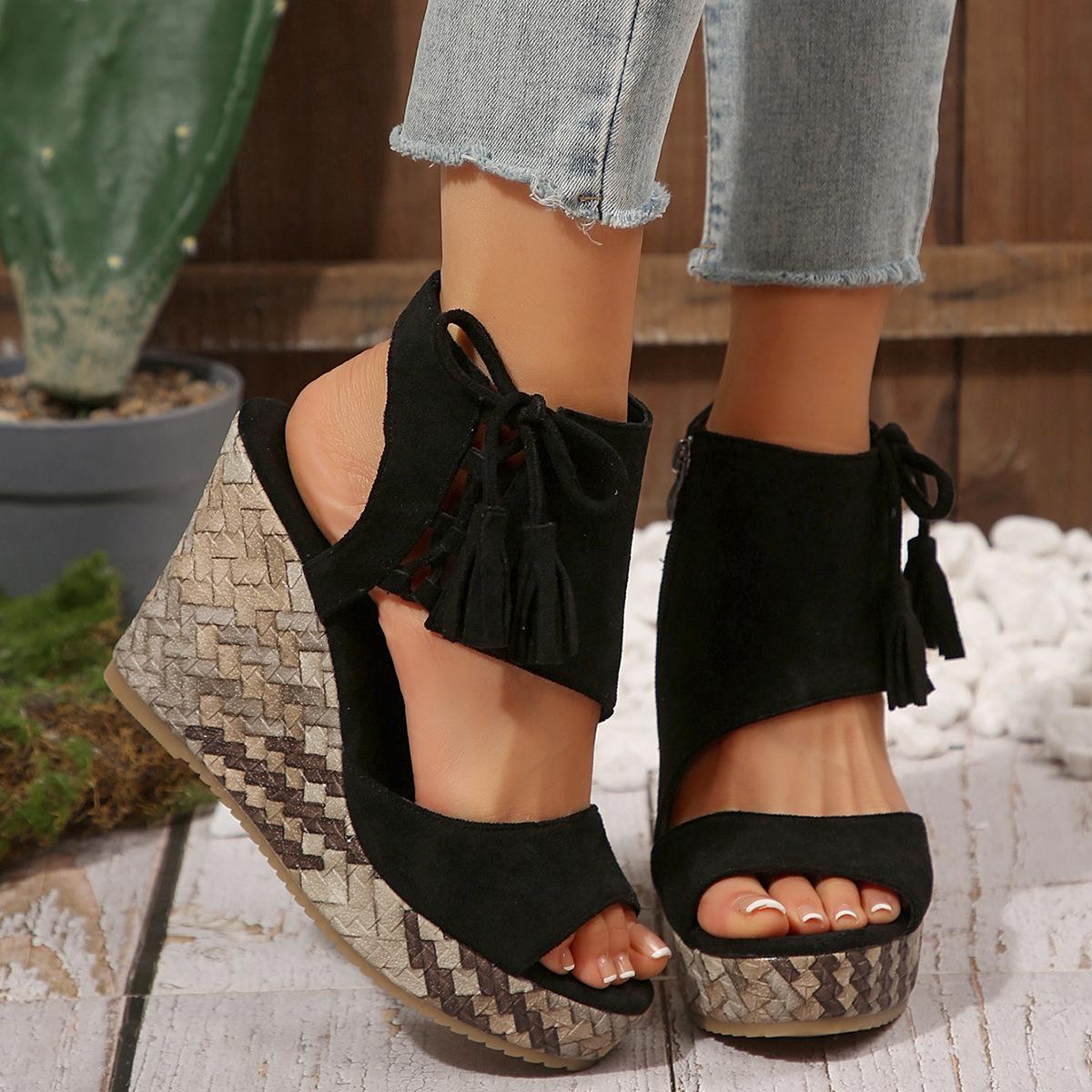 

Fashion High Heel Platform Sandals for Women Footwear Fringe Decor Side Zipper Fish Mouth Thick Bottom Shoes Wedge Sandalias Femininas 35