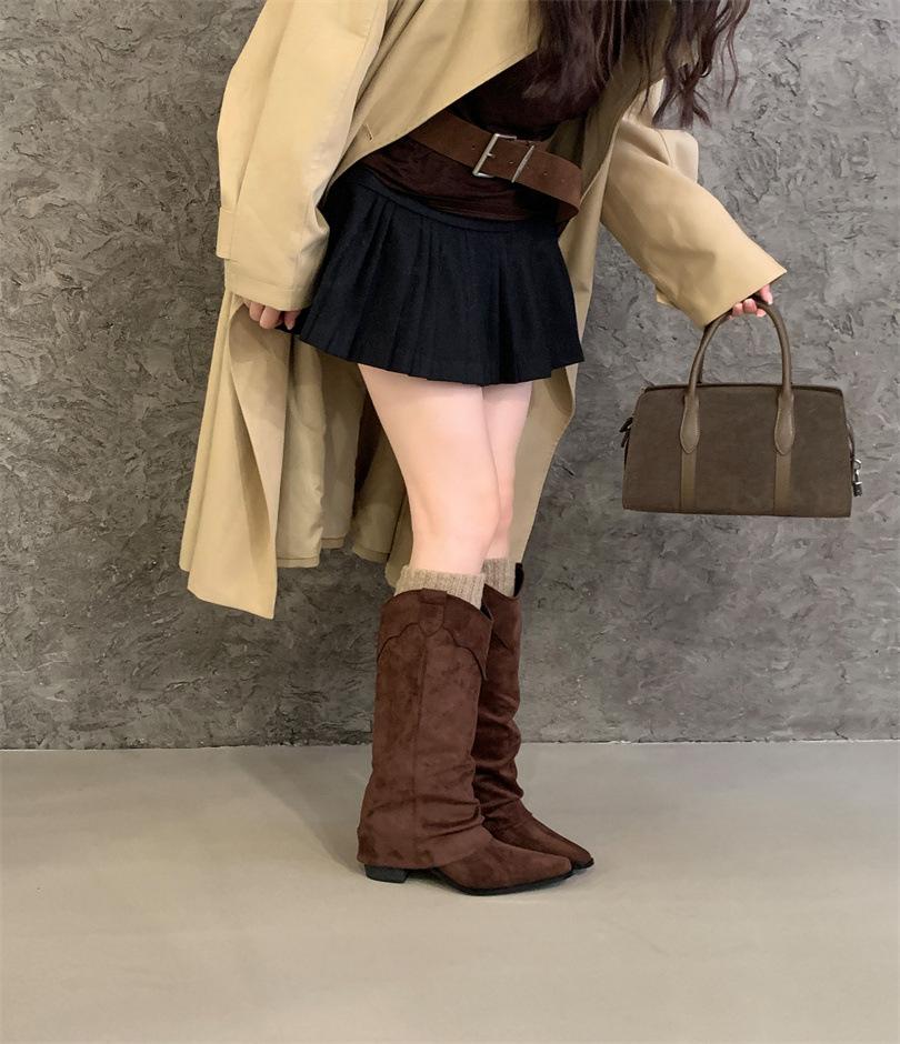 inner suede pleated piled boots women's 2025 autumn and winter new pointed western cowboy boots but knee boots women