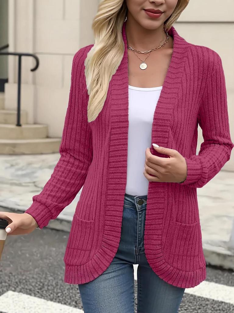 2025 Autumn/Winter Solid Color Ribbed Patchwork Long Sleeve Cardigan