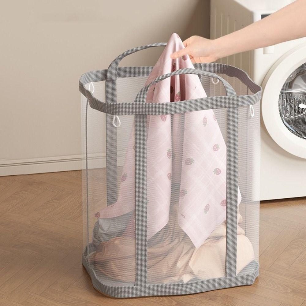 Wall Mounted Nylon Mesh Laundry Basket Large Capacity Breathable Dirty Clothes Basket with Handle Space Saving
