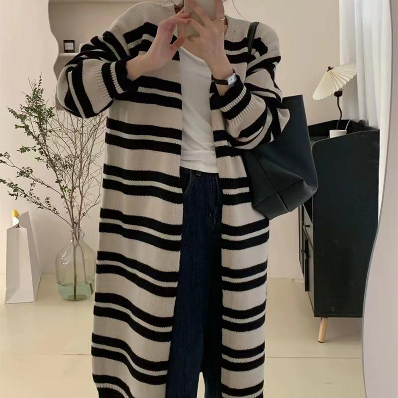 Black and white striped medium and long cardigan women's autumn retro lazy style top with casual sweater jacket women