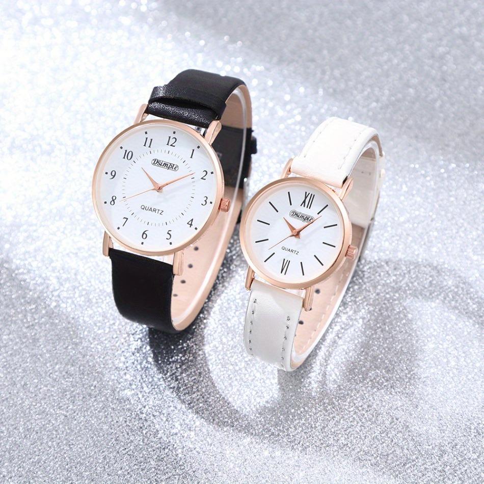 2pcs/set Couple Elegant Watch Set Black and White Dial PU Leather Strap Rose Golden Case Simple Watch | Couple Watches | Gifts