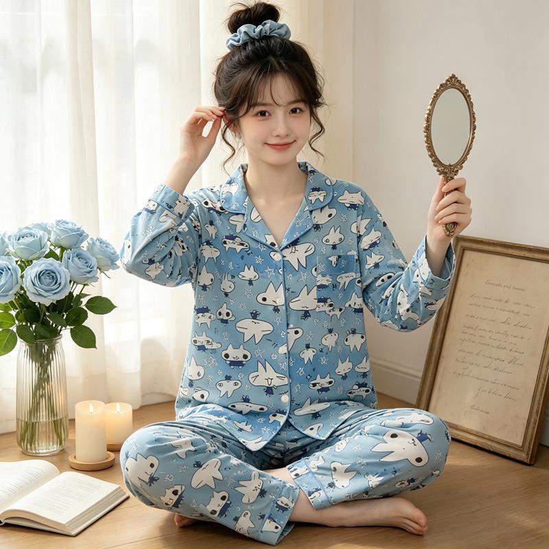 Natal year pajamas women's spring and autumn new imitation cotton long-sleeved red cute cartoon loungewear two-piece set