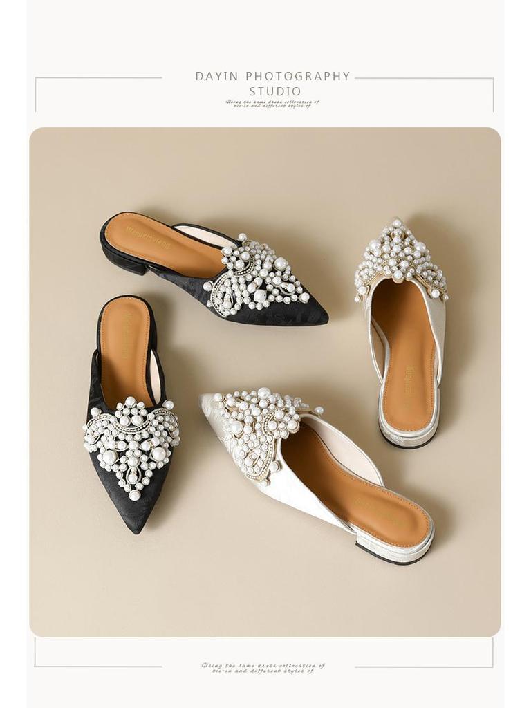 Weiwei Girl Pearl Rhinestone Slip-on Closed Toe Sandals - Women's Chinese Style Flat Heel Half Slippers for Summer