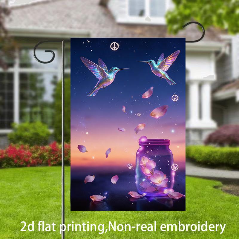 2D Flat - 2D Flat - 1pc, 2D Flat Printing, Enchanting Hummingbird And Floral Garden Flag, Material, Multiple Sizes Available, Machine Washable for Out