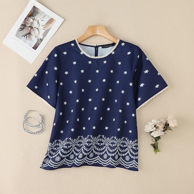 

ZANZEA Женская повседневная летняя блузка с круглым вырезом и коротким рукавом с принтом 4XL тёмно-синий