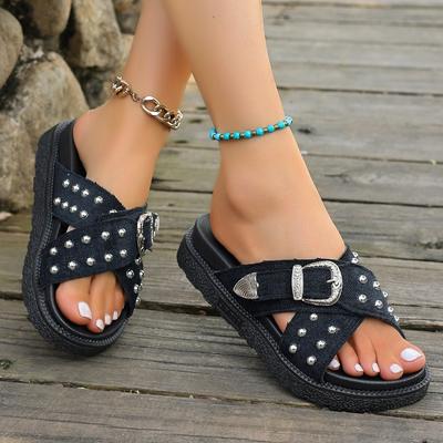2025 New Fashion Rivets Platform Sandals Women Black Cross Strap Thick Sole Slippers Woman Plus Size Metal Buckle Summer Slides