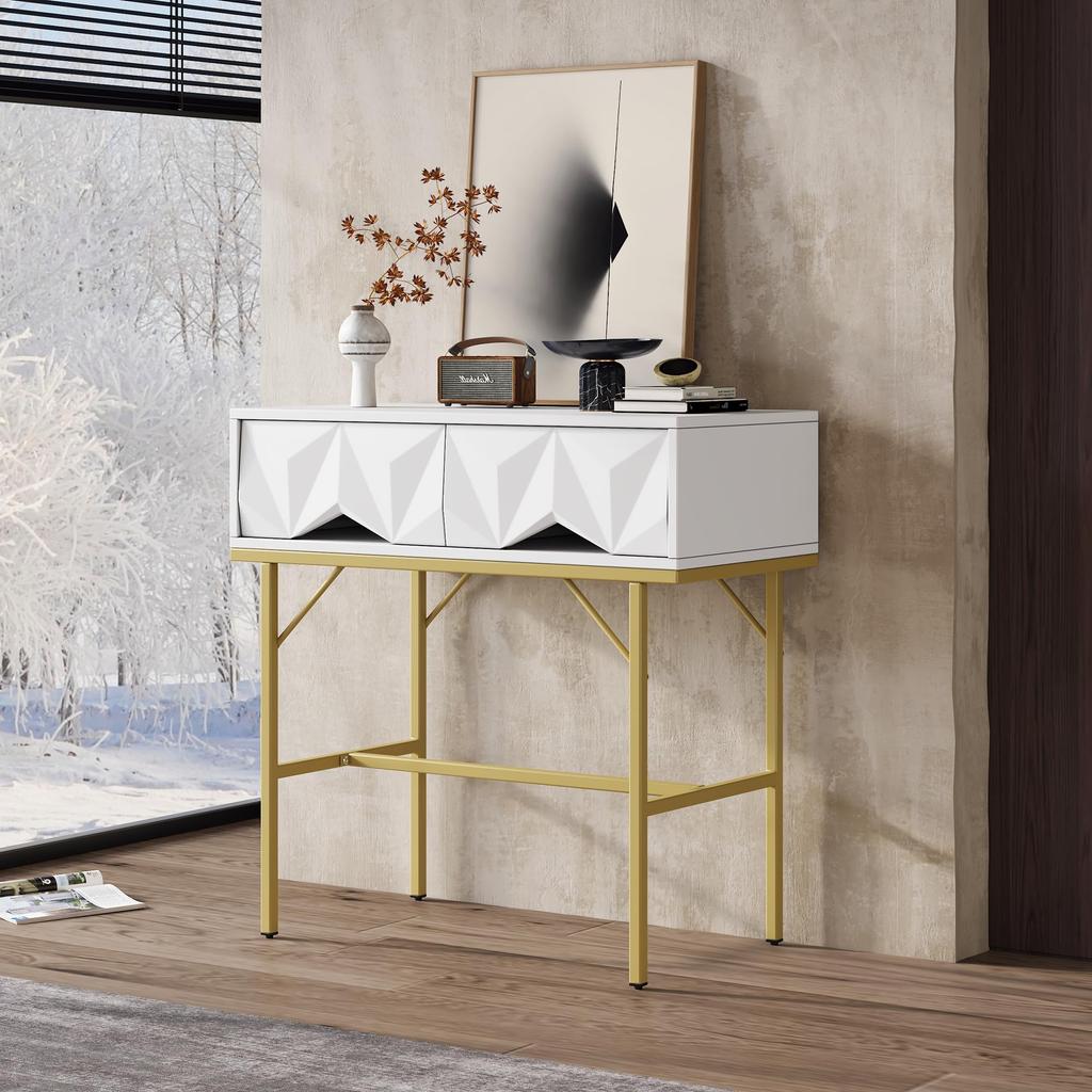 Console Table, Hallway Table with 2 Drawers, Side Table Wood, Sofa Table with Stable Metal Frame