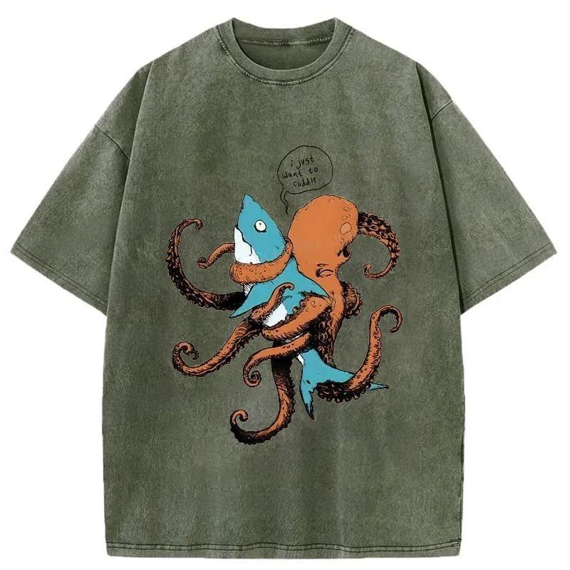 Japanese Style Y2K Hip hop Men's T-shirts Octopus Entangles Shark Washed T-Shirt Summer Retro Vintage Short Sleeve