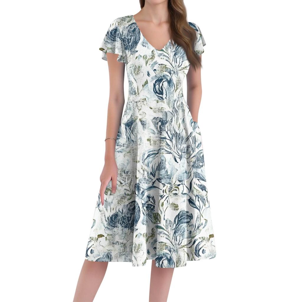 A Casual And Fashionable V-Neck Short-Sleeved Medium-Length Dress With Floral Prints For Women