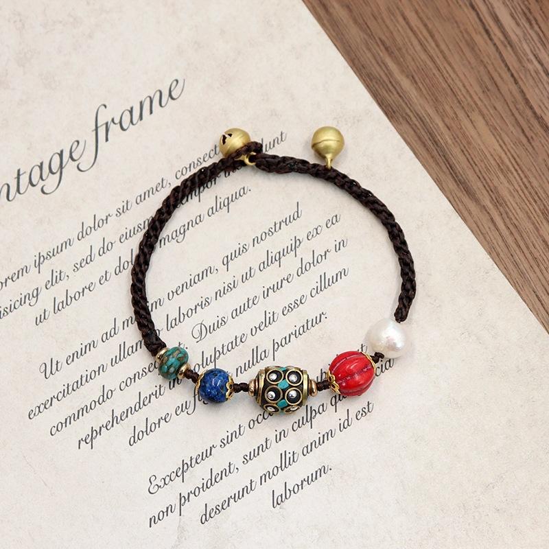 BLINGBAY Bracelet de Perles pour Femmes Rétro Népalais Bracelet de Perles de Cuivre Ancien pour Femmes Style Ethnique Tibétain Personnalité Simple Tressé Bleu Bracelet Cadeau