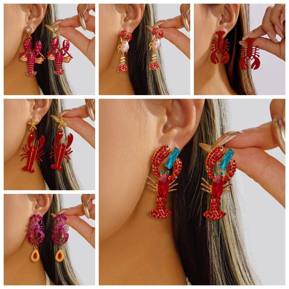 Ocean Series Lobster Earrings Enameled Metal Ear Jewelry Cute Animal Earrings for Girls Ladies