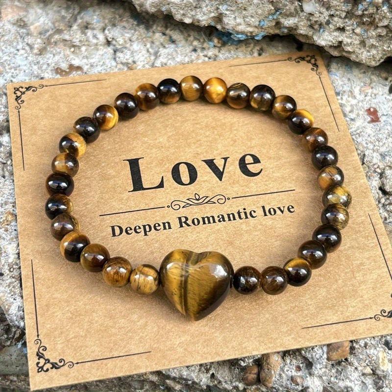 Natural Stone Heart Beaded Bracelet Set – Rose Quartz, Amethyst Tiger’s Eye Protection Jewelry for Women, Romantic Gift
