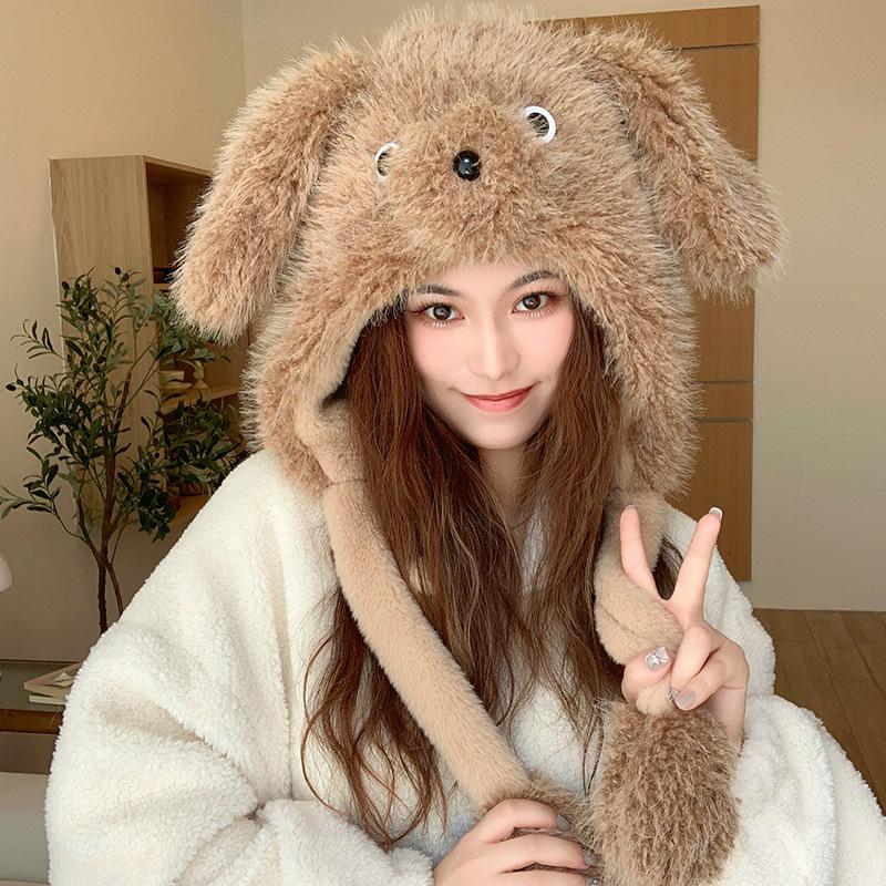 New Thickened Hairy Puppy Can Move Ears Hat for Women's Winter Warmth Lei Feng Hat Ear Protection Head Hat