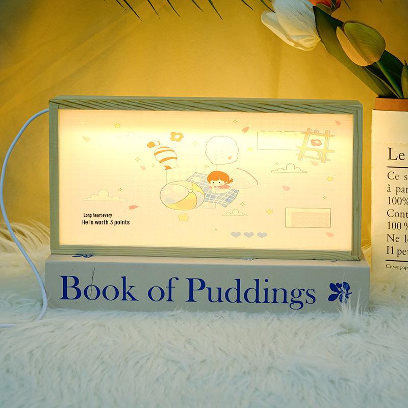 Creative Cartoon Wooden Frame Night Light - Bedroom Bedside Lamp with Acrylic Ornament