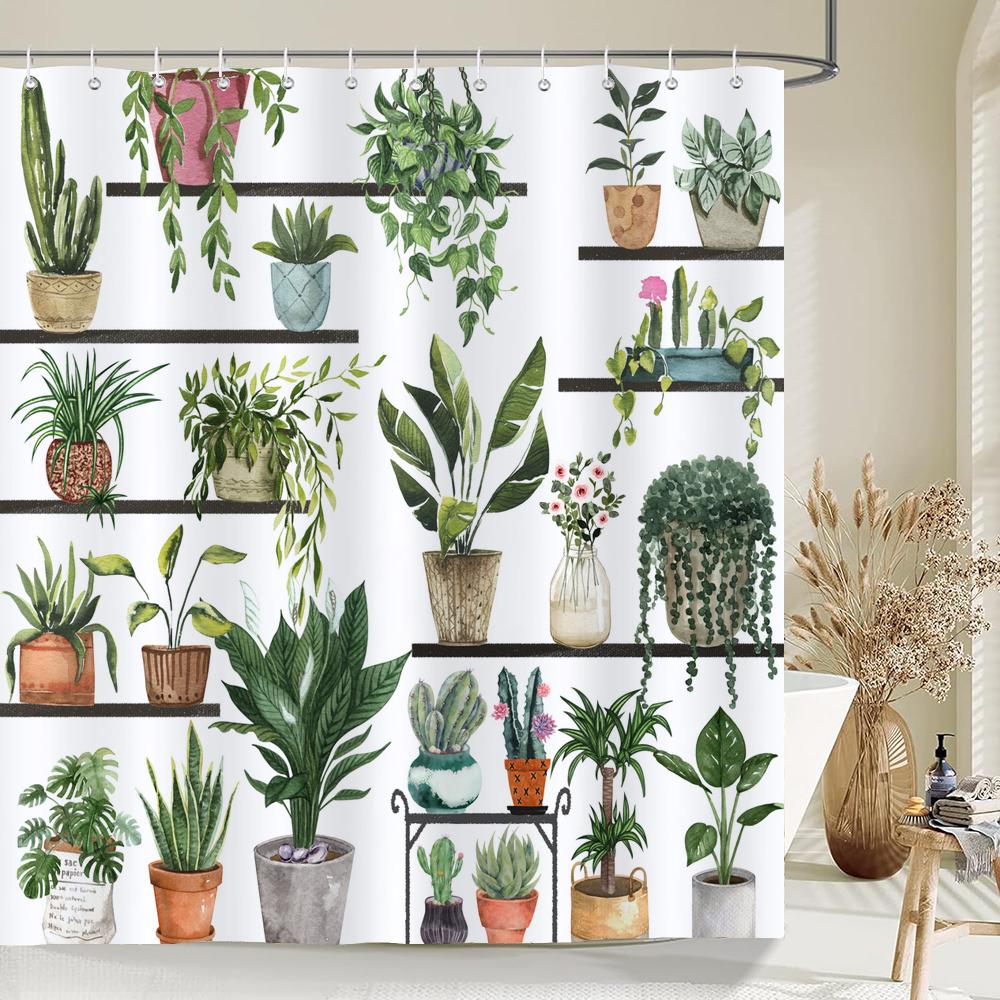 Green Leaves Plant Flowers Shower Curtain 180Cm*180Cm With Hooks, Floral Waterproof Shower Curtain, Shower Curtains For Bathroom