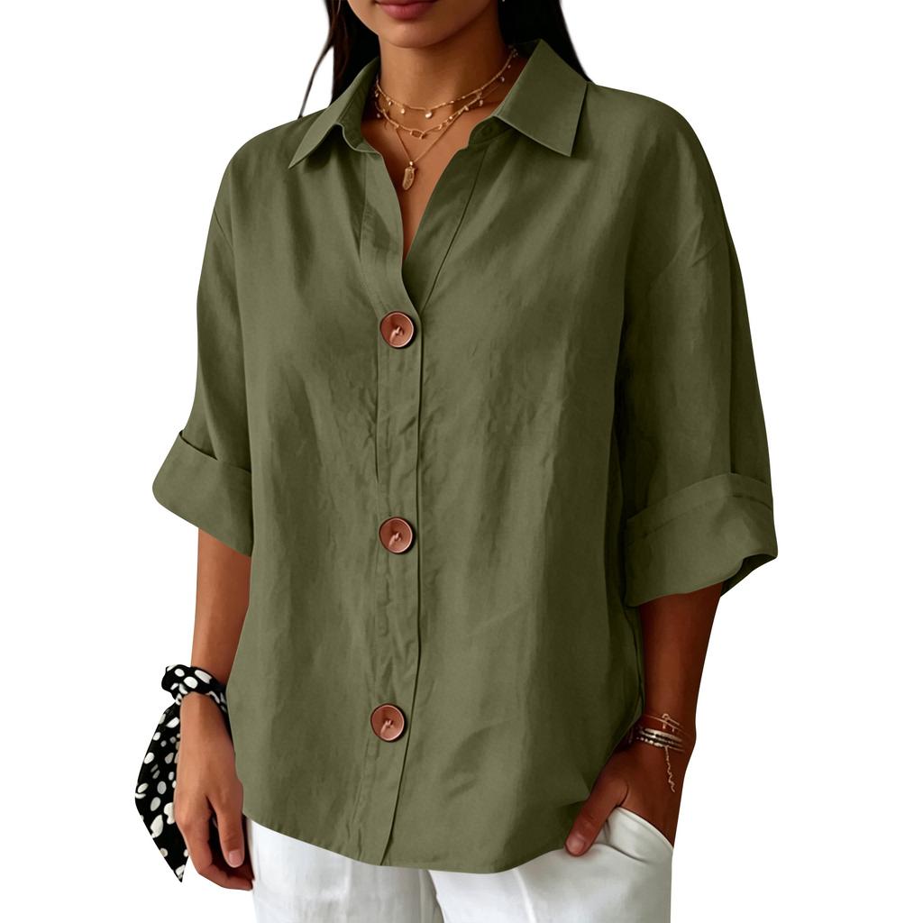 Women's Casual Loose Fit Button Down Shirt Three Quarter Sleeve Collared Blouse Lightweight Soft Fabric Relaxed Style