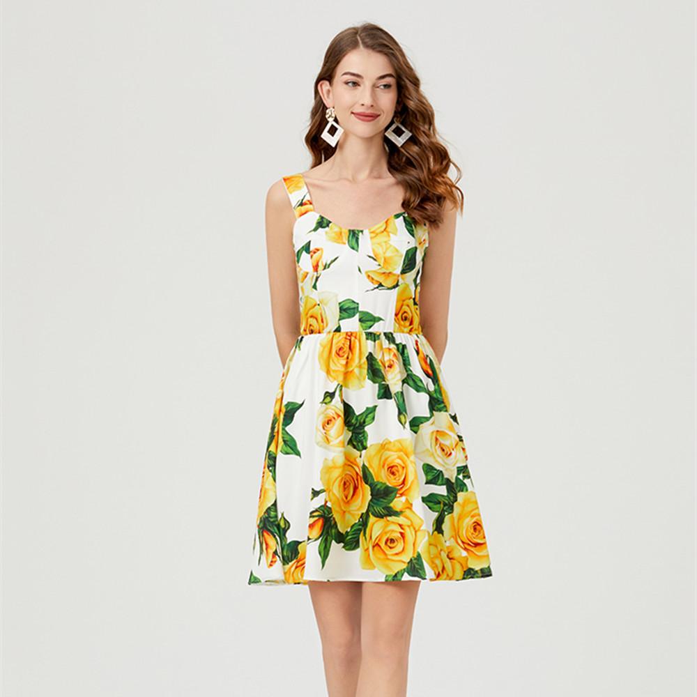 

Міні-сукня для літніх свят з квітковим принтом для злітно-посадкової смуги. Жіноча сексуальна коротка пляжна сукня з м’якою чашкою на бретельках і без спинки. XL жовтий