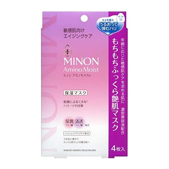 MINON Amino Moist Mochi, Маска для лица  Моти , придающая объем и сияние, 4 шт. [Для чувствительной кожи] Увлажняющая маска, Упругость и сияние