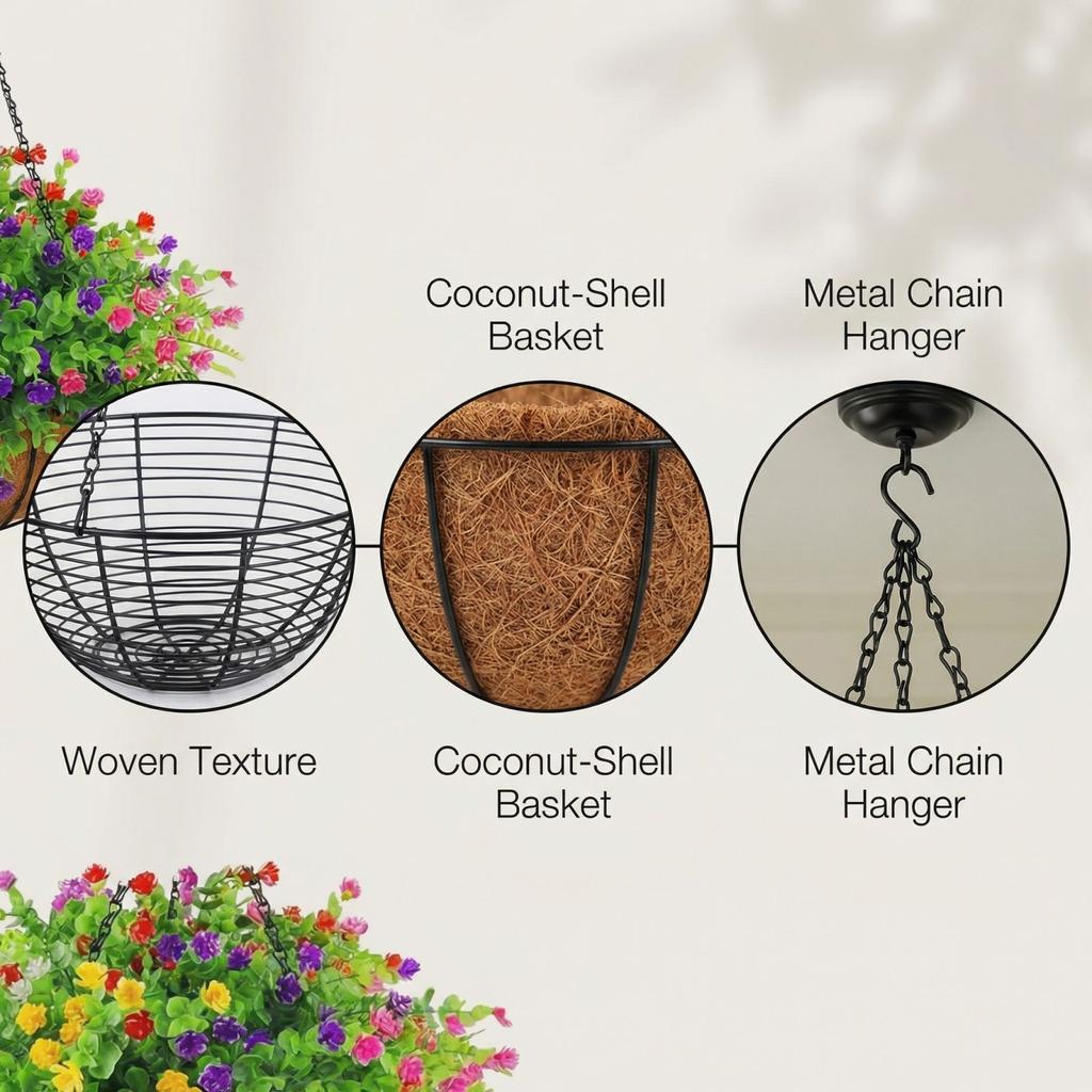 Artificial Flowers Hanging Basket for Outdoor Indoor with Leaves Faux Green Fern Plant in Pot