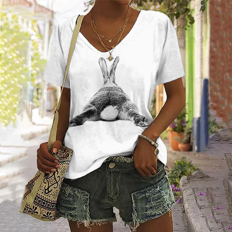 Summer New Casual Daily Versatile Pattern Rabbit 3D Printed Short Sleeved V-neck T-shirt