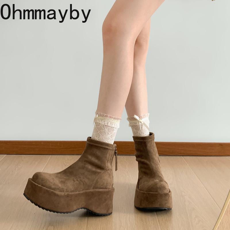 Vintage Plateau Dicke Sohle Damen Stiefeletten Komfort Runde Zehenpartie Kleiderschuhe Herbst Winter Schlank Höhenerhöhend Kurz Botas