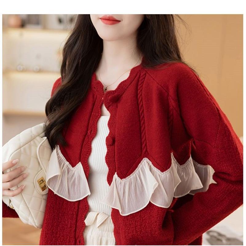 

Кружевной свитер-жакет для женщин с круглым вырезом, свободный, верхняя одежда, кардиган, топ с длинным рукавом S красный