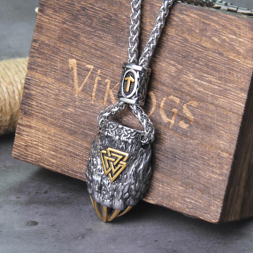 Nordic Viking Bear Claw Valknut Necklace Stainless Steel Pendant with Wooden Box Mens Gift Vintage Jewelry