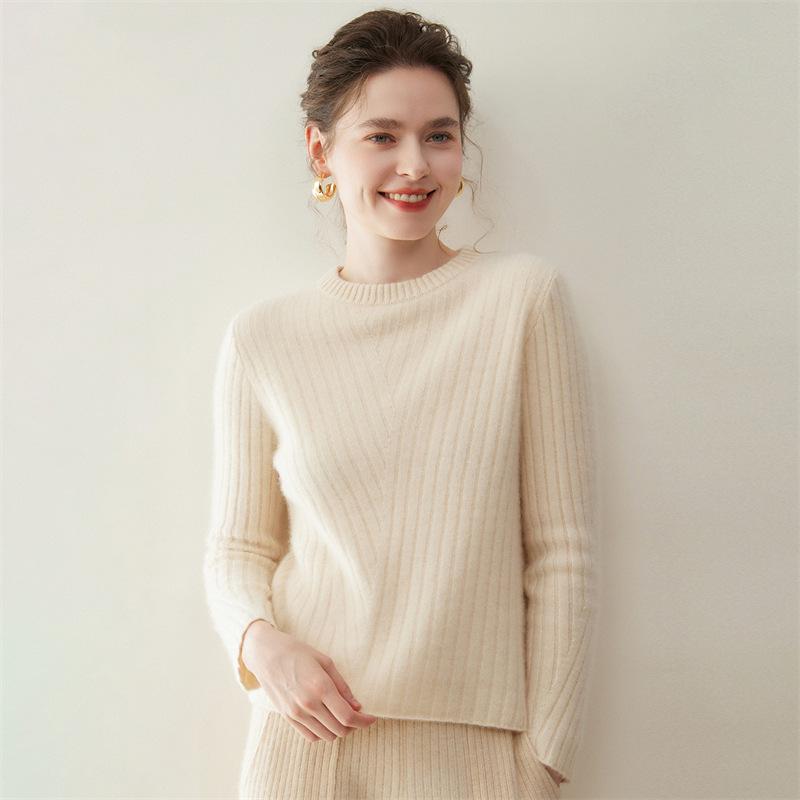 Women's Ribbed Cashmere Crew Neck Pullover Sweater with Long Sleeves