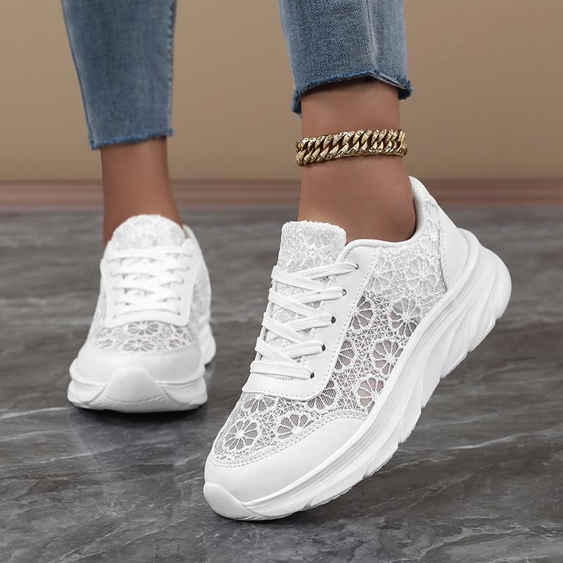 TUINANLE Bequeme Damen weiße flache Schuhe Spitzendesign Atmungsaktiv Leichtgewichtige Freizeit-Sneaker