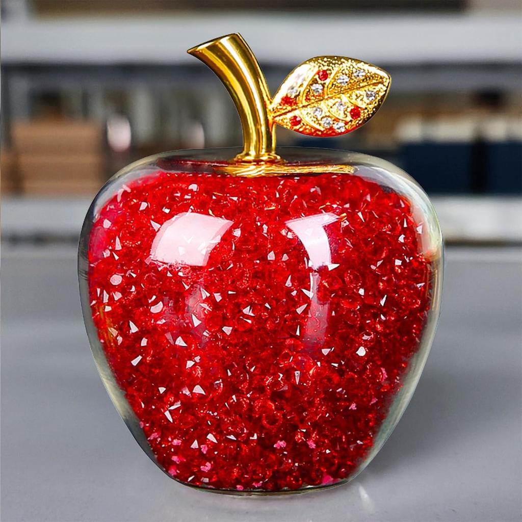 Crystal Apple Figurine Artificial Glass Apple-Shaped Paperweight Home Decor Filled with Fake Diamonds Fruits Collectibles Art (Red)
