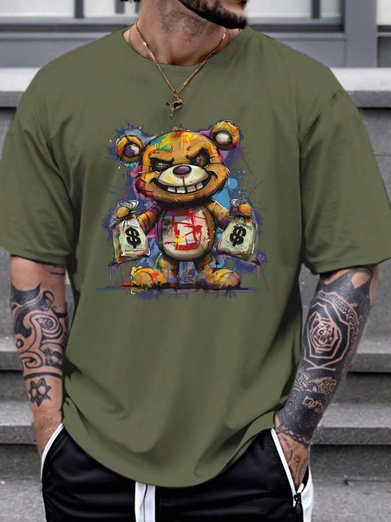 Neues Herren Sommer locker Outdoor atmungsaktiv bequem T-Shirt Cartoon Bär Druckmuster Freizeit Sport Rundhals Oberteil