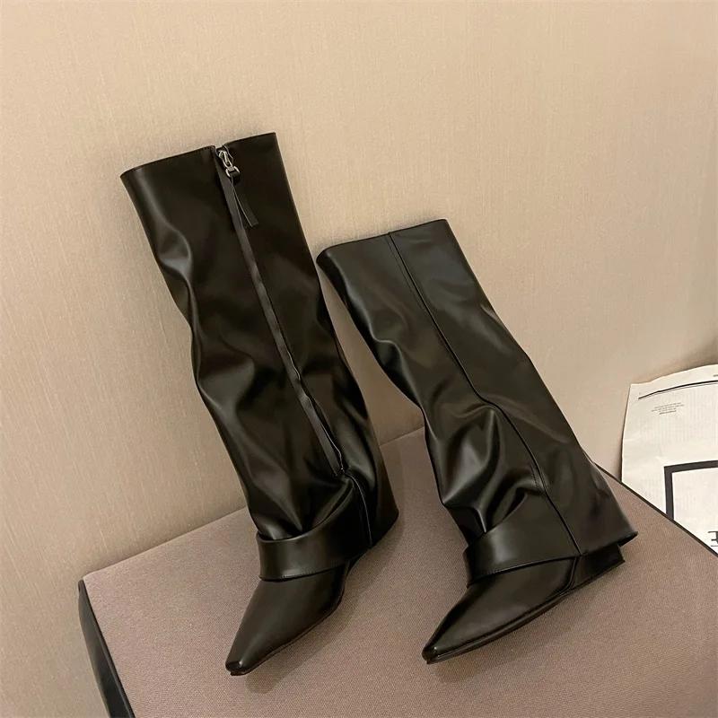 Eilyken Fashion Pointed Toe Patent Leather Design Splicing Wedges High Heels Women Knee-High Long Boots Zipper Female Shoes