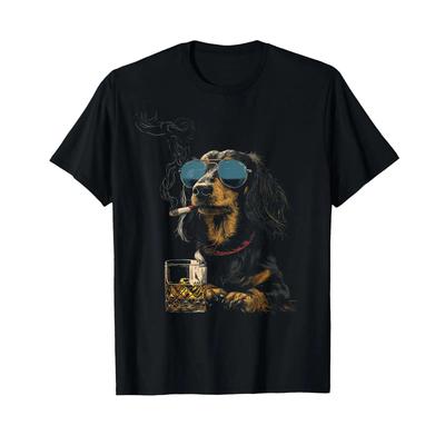 Dachshund Smoking Cigarette Whisky Lover Funny Wiener Dog T Shirt Vintage Washed Fashion Stylish Top For Everyday Wear Homme