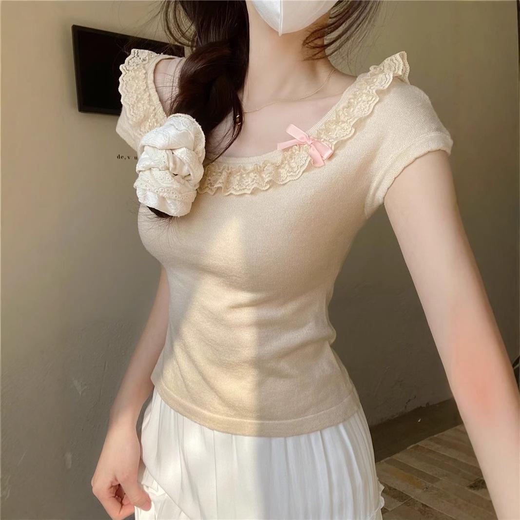 

Нежный стиль кружевная отделка вязаный летний топ - женский приталенный с коротким рукавом и круглым вырезом One Size (suitable for up to 125 pounds) абрикосовый