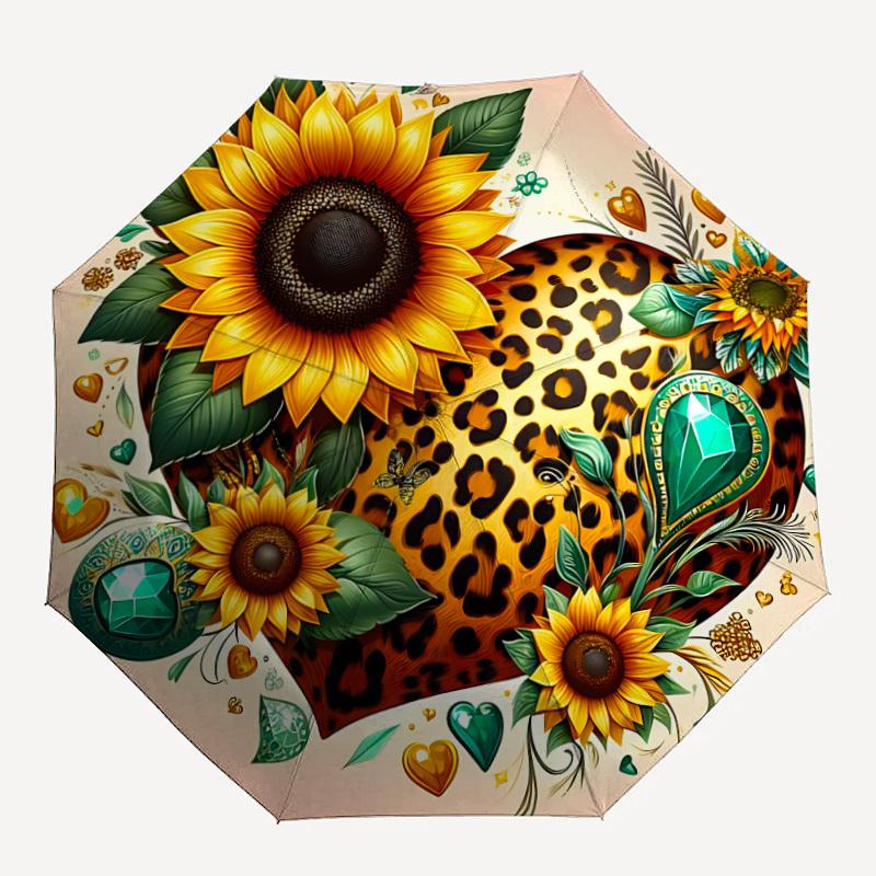 

1pc Leopard Sunflower Automatic Folding Umbrella with 8-Rib Windproof Design, Portable Foldable Sunshade Umbrella For Halloween 012