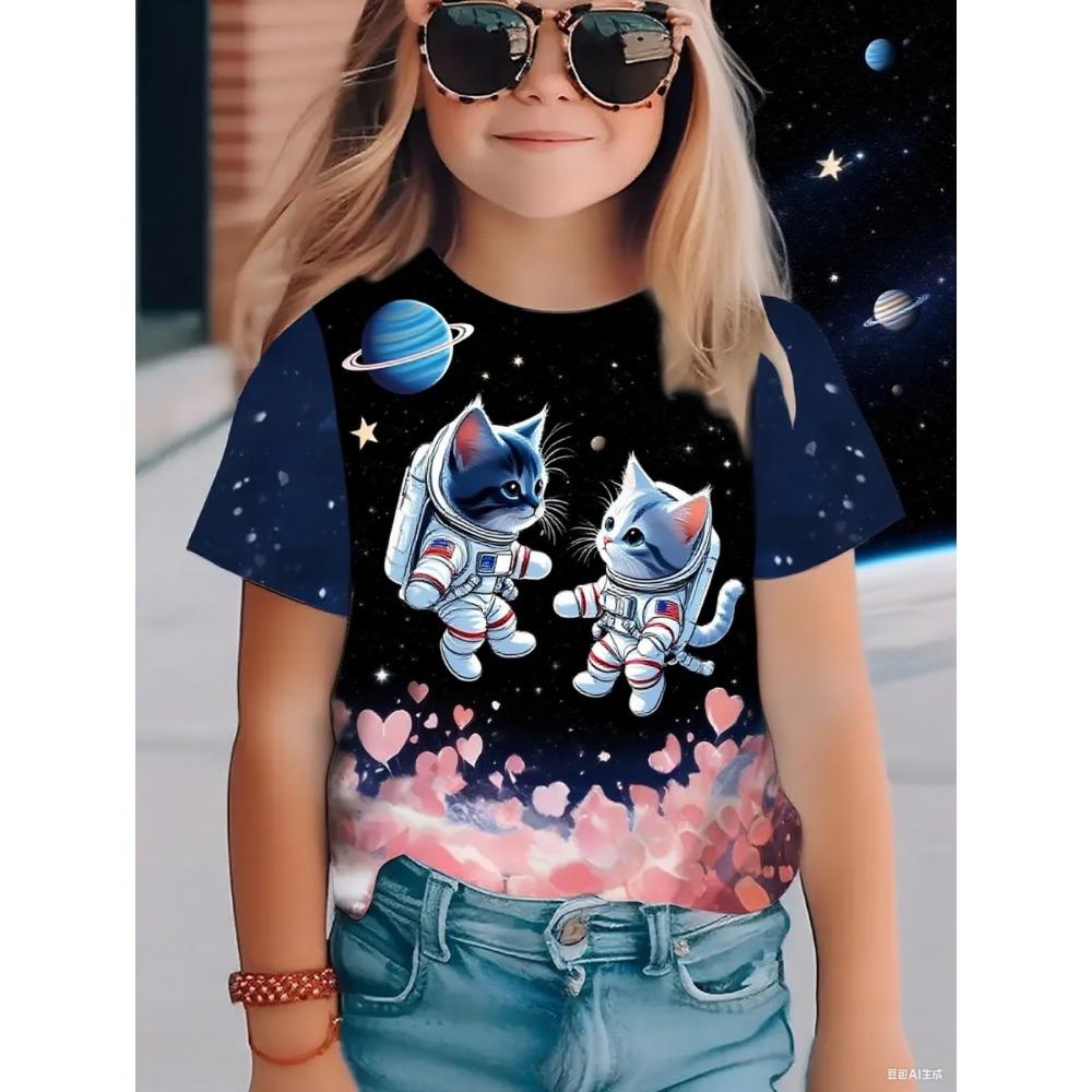 Fun Cat Girl T-shirt Summer Cartoon Pattern Girl Short Sleeve T-shirt Casual Round Neck Top Animal Children's Clothing Girl Clothing