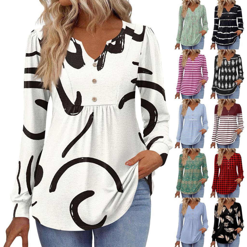 Women's Fashionable Casual V-neck Blouse Button Long-sleeved Pullover T-shirt Top
