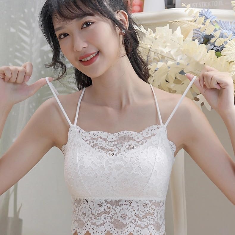 88flix Lace Camisole Bustier Bra Top with Inner Cleavage Cups, Pads, Wireless, (White)