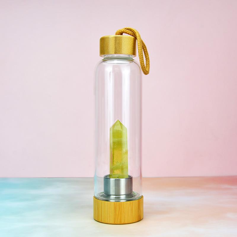 Crystal Stone Energy Pillar Glass Water Cup Bamboo Cap Natural Crystal Set Glass Cup